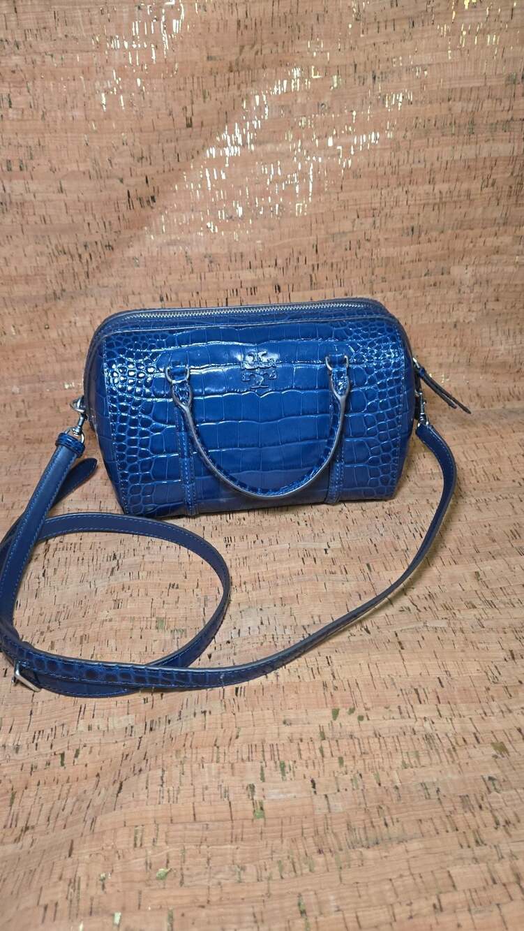 Tory Burch Amanda Mini Satchel Blue Croc-Embossed Leather Crossbody Bag